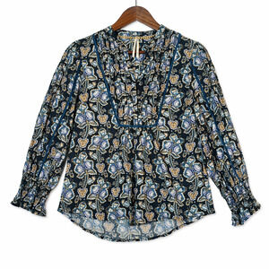 Anthropologie Blouse XS Navy Floral Cotton Boho Embroidered with High Low Hem